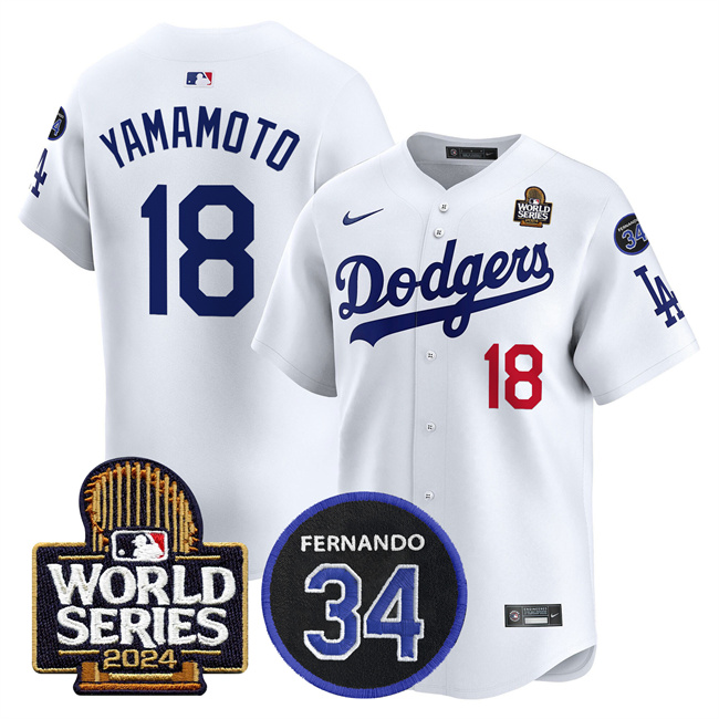 Los Angeles Dodgers #18 Yoshinobu Yamamoto White 2024 World Series With Fernando Memorial Patch Limited Stitched Jersey - Click Image to Close